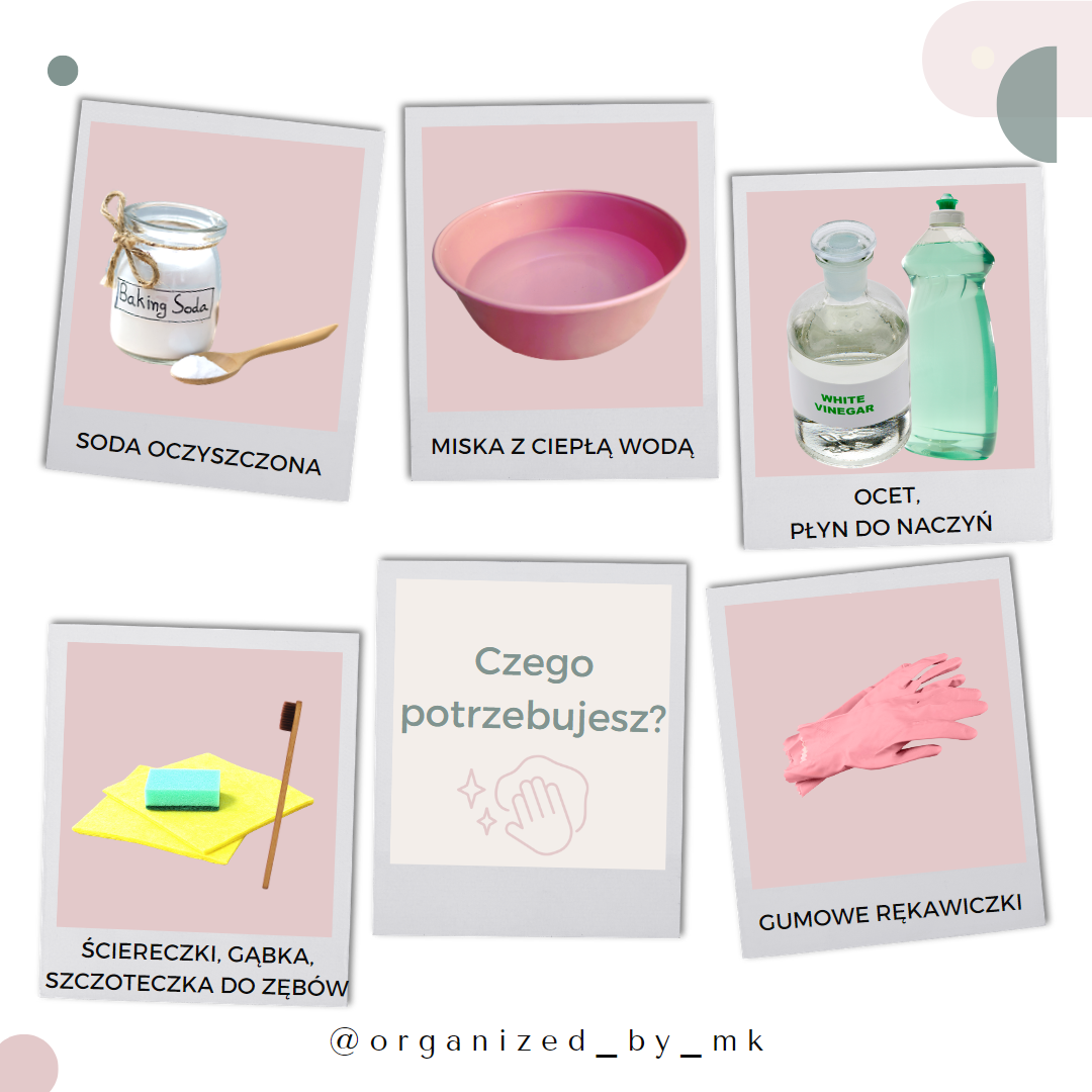 Czego potrzebujesz do czyszczenia pralki: ocet, płyn do naczyń, soda, szczoteczka, ściereczka i rękawiczki