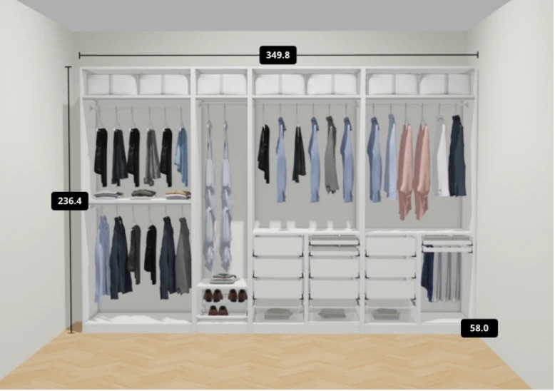Projekt szafy PAX w planerze IKEA, widok od frontu z wymiarami